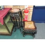 Four Chinese hardwood Stands, three with inset marble tops comprising a tall stand with hexagonal