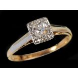 A Diamond single stone Ring pavé-set old-cut stone in square setting, marked PLAT, 18ct, ring size K