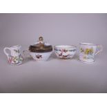 A small Dresden Bowl painted exotic birds and flowers, a Dresden Cup and Cover painted romantic