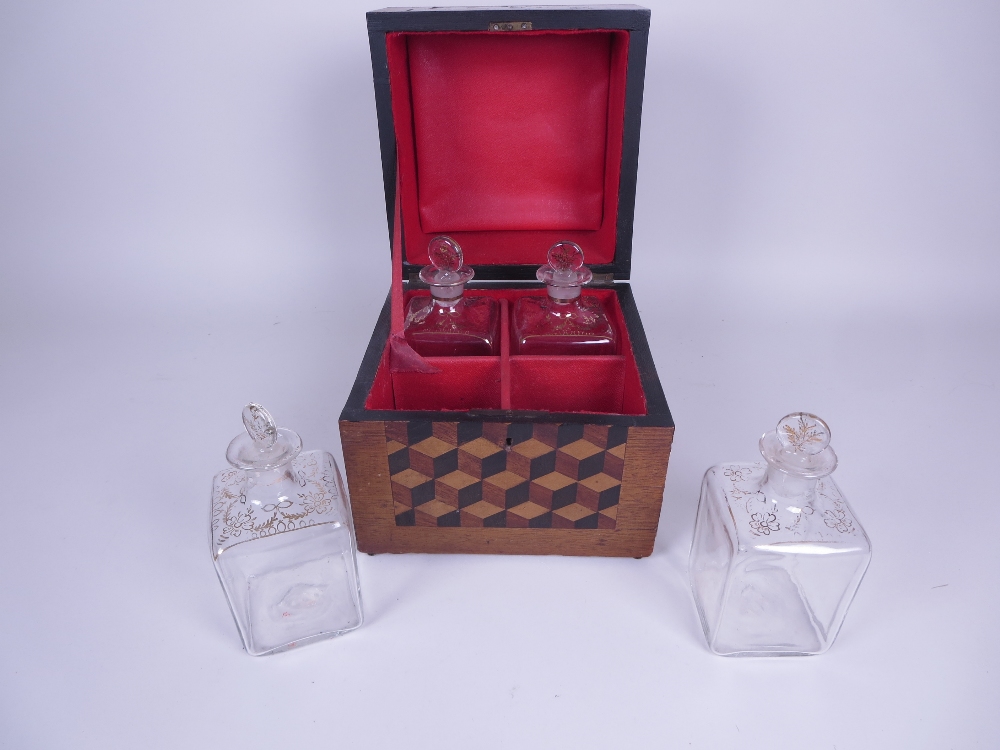 A 19th Century mahogany and parquetry veneered square Box containing four square glass rose water - Image 4 of 5