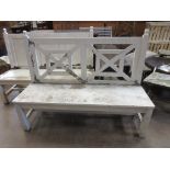 A white painted Garden Bench with pierced square panels to the back with ball finials, 4ft 10 1/