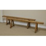 A pair of antique oak Benches with thick narrow single plank tops on splayed square legs, 5ft 10in