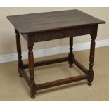 A 17th Century oak Side Table with cleated three plank top above lunette carved frieze drawer on