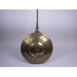 A 17th Century brass Warming Pan with pierced and engraved lid, iron and turned wooden handle