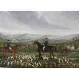 ENGLISH SCHOOL, 19TH CENTURYGreen liveried Huntsmen and Hounds in a meadow, an extensive landscape