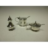 A George V heavy silver Drum Mustard Pot, Sheffield 1912, another Mustard Pot and a Pepperette