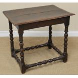 A 17th Century oak Side Table with two plank top on bobbin turned and square legs united by