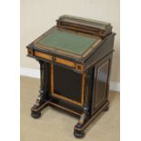 A Victorian ebonised and amboyna Davenport Desk, c.1880, brass gallery to the raised stationery