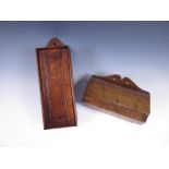 An antique oak Candle Box with sliding lid, 15in, and another with leather hinged lid, 11in