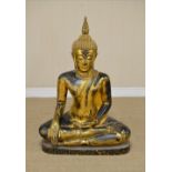 A large Thai gilt bronze seated Buddha, Sukhothai style, seated upright, the head with flame usnisha