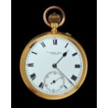 An 18ct gold cased open faced keyless wind Pocket Watch, the white enamel dial with roman numerals
