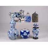 A group of Asian Ceramics, including a double gourd vase, Buddhistic lion, arched top tea caddy