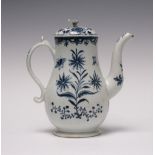 A rare Lowestoft porcelain Coffee Pot and Cover, c.1765-70, painted in blue with oriental