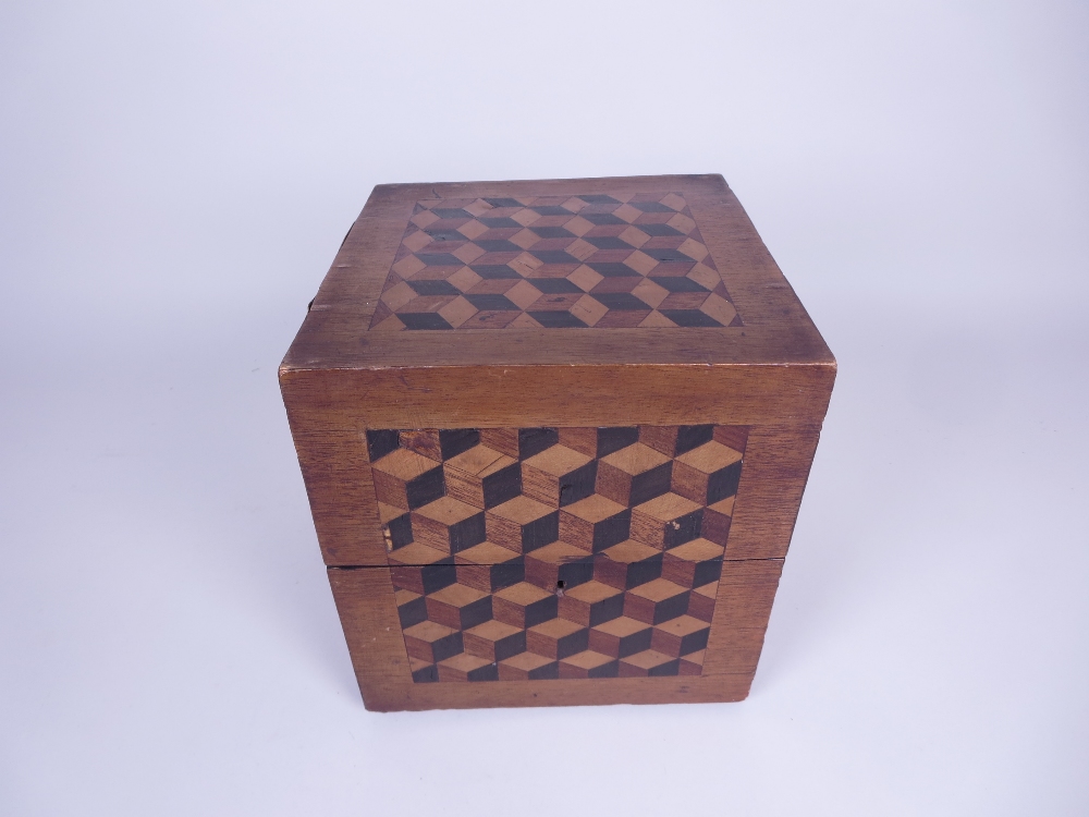 A 19th Century mahogany and parquetry veneered square Box containing four square glass rose water