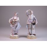 A pair of Meissen porcelain Figures, mid 19th Century, he with flowers in his hat and a single bloom