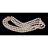 A three strand Cultured Pearl Choker on cluster clasp set smaller cultured pearls in 9ct gold