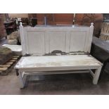 A white painted Garden Bench with panelled back and ball finials, 4ft 10in W