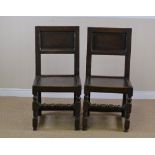 A pair of 17th Century Back Stool Chairs, with panelled backs, turned and squared supports