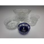 A heavy cut glass oval Comport with fruiting vine engraved frieze on pedestal base having star cut