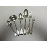 A matched set of 19th Century silver Cutlery, fiddle pattern engraved initials, various dates and