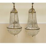 A pair of 1920's glass and brass Chandeliers of basket shape, 2ft 6in H, fitted for electricity