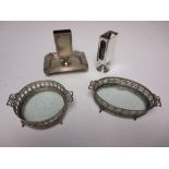 Two George V silver Preserve Dishes with glass liners, Birmingham 1925, and two Matchbox Holders,