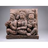 Northern Thai Khmer-style terracotta bas relief, Chiang Mai, 20th C., depicting three seated deities