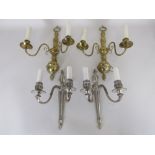 A pair of brass Regency style two branch Wall Lights, 1ft 5in L, and a pair of polished steel two