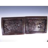 A pair of antique Dutch carved oak Panels with figures dancing and bowling, 13 x 17in