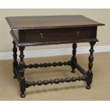 A 17th Century oak Side Table fitted frieze drawer having brass drop handles on vase and acorn