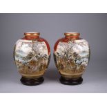 A pair of Japanese satsuma Vases by CHIKUSAI, Meiji Period, decorated with square and shaped