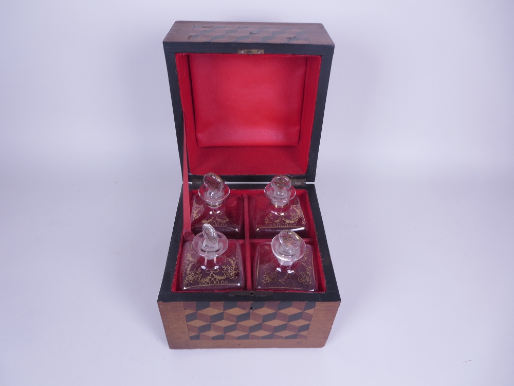 A 19th Century mahogany and parquetry veneered square Box containing four square glass rose water - Image 3 of 5