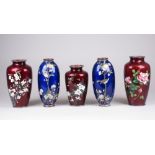 Five Japanese cloisonne Vases, Meiji/Taisho Period, including a pair with birds in flowering