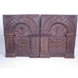 A pair of 17th Century oak arcaded Panels with rosette and floral carving, 16 x 20in, and another