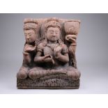 Northern Thai Khmer-style terracotta bas relief, Chiang Mai, 20th C., depicting two seated deities