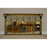 A Regency parcel gilt Overmantel Mirror, beaded cavetto pediment, anthemion frieze, Egyptian