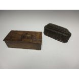 A small antique Box with scratch carved decoration, 10 x 4 1/2in, and another Box carved leafage,