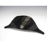 An English Court Dress moleskin Bicorn Hat with cut steel button and chain embellishment - AMENDMENT
