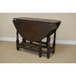 A 17th Century oak oval Gate-leg Table fitted single drawer above cupids bow frieze on baluster