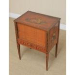 A Sheraton satinwood painted Cabinet, the top with Watteau style romantic figure in landscape,