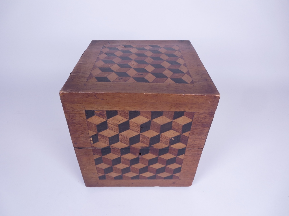 A 19th Century mahogany and parquetry veneered square Box containing four square glass rose water - Image 2 of 5