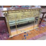 A Regency gilt framed Overmantle with frieze of charioteers, applied balls, three bevelled mirror