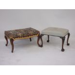 Two Victorian walnut Footstools, rectangular stuffover seats, cabriole legs, (losses, A/F) (2)