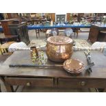 A large antique copper Boiler and Cover with iron swing handle, 17in Diam, a copper Warming Pan,