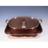 An antique copper Fish Kettle and Cover and a two handled Pan