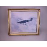 An oil painting by Cedric De La Nougerede of a World War II Spitfire. Image 19 1/2 x 15 1/2 in