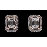 A pair of Diamond Cluster Earrings each corner claw-set step-cut stone within frame of pavé-set