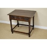 A 17th Century oak Side Table fitted lunette carved frieze drawer on bobbin turned and square legs