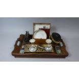 A Wooden Tray Containing Curios to Include Candle Sticks, Diecast Toys, Monogrammed Hairbrushes, Hip