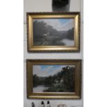 A Pair of Gilt Framed Oils on Canvas Depicting Cottages by River with Figure to Foreground